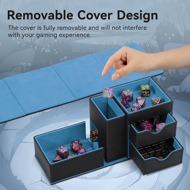 Stepane Dice Tray & Dice Tower Storage Box, 3 in 1 Dice Holder Case (Dice Rolling Tray, Dice Rolling Tower, Dice Storage Drawers), Leather Magnetic Closure DND Accessories Gifts for RPG MTG, Black/Blue - Image 4